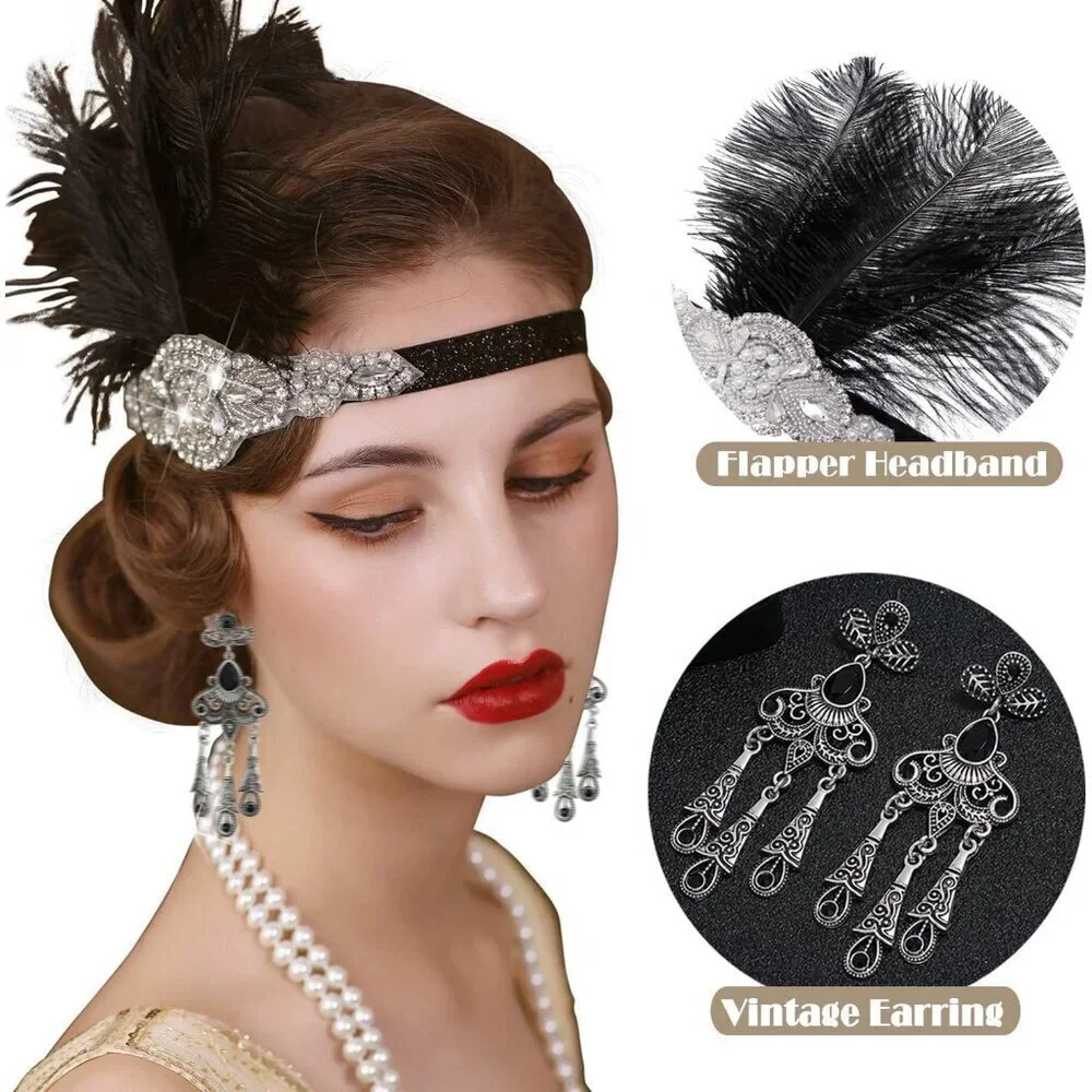 1920s Flapper Accessories Set Womens Costume Headband Gloves Pearl
